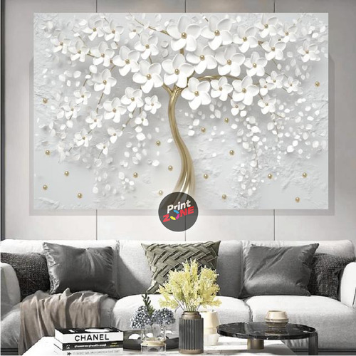 Cuadro Árbol Dorado Flores Blancas Canvas Grueso 60x40 Color Multicolor