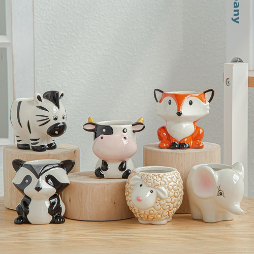 Imagen 2 de 6 de Macetas Mini Lapiceros X6 Unidades Ceramica Diseño Animales
