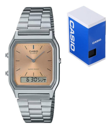 Reloj Casio Vintage Unisex Aq230 Alarma Cronómetro Correa Plateado Bisel Plateado Fondo Naranja Claro