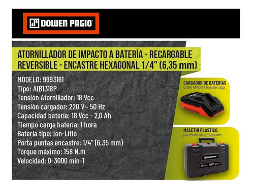 Imagen 4 de 7 de Atornillador de impacto inalámbrico Dowen Pagio 9993161 18V naranja 50 Hz