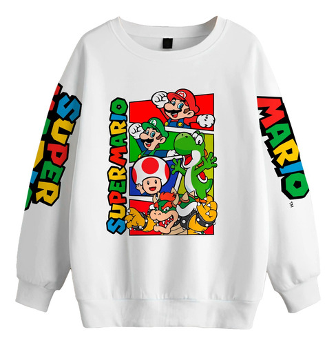 Buzo Super Mario Bros Cuello Redondo Blanco Niños Niñas