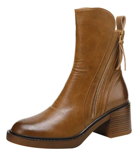 comprar Botas Cortas Marrones Tacón Grueso Botas De Cuero Britán [u]