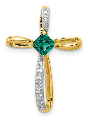 Cruz De Oro Amarillo 14k Con Esmeralda Y Diamantes