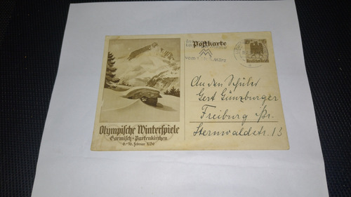 Alemania 3 Er Reich Postal Circulada  Olimpiada Invierno 36