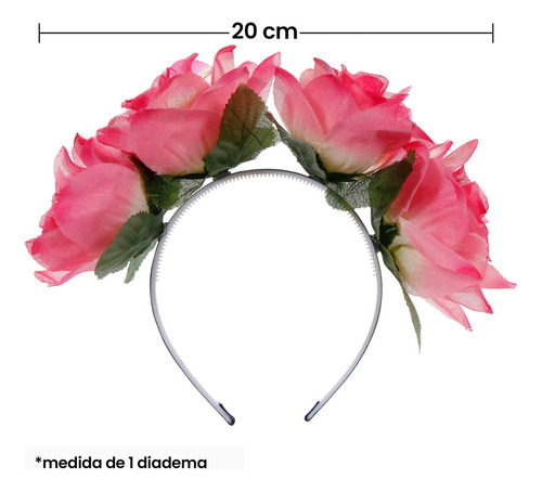 Diadema Flores Disfraz Patria Día Muertos 20cm Mylin 3pzas Color Rosa