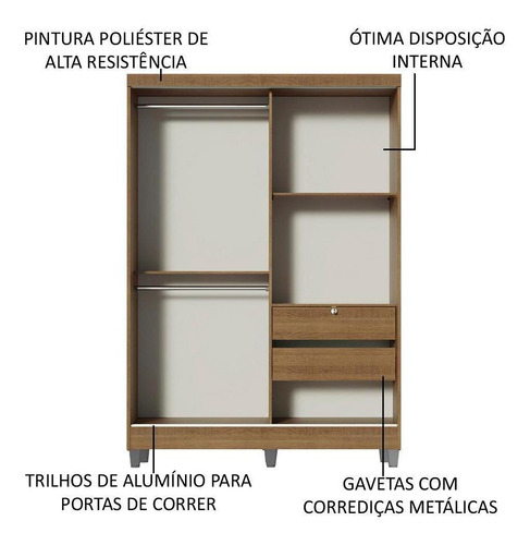 Guarda-roupa Solteiro Madesa Luke 2 Portas De Correr Com Pés Cor Rustic 10445ZACP