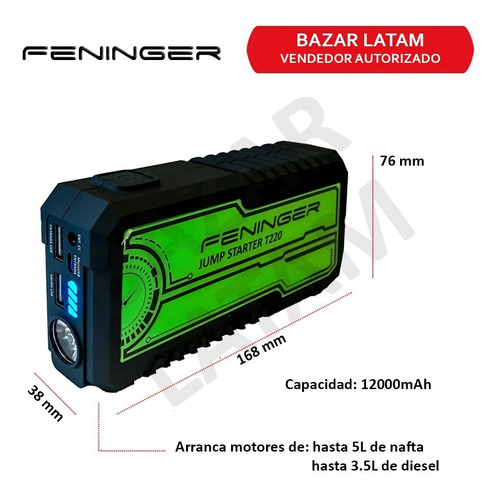 Imagen 3 de 10 de Arrancamotor T-220 Feninger 12000mah Portable Jump Starter