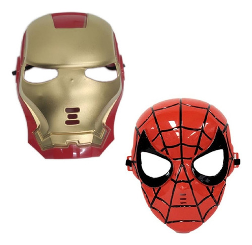 Kit 2 Máscaras Plástico Heróis Homem De Ferro + Homem Aranha Cor Dourado/Vermelho