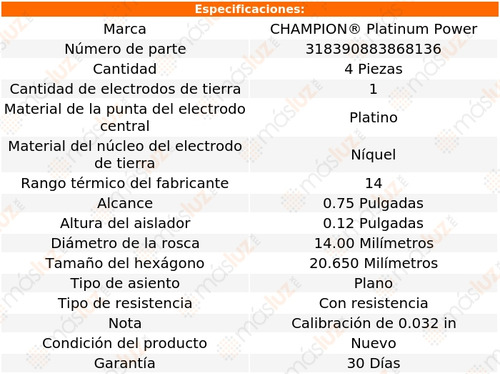 Set 4 Bujías Encendido Platino D20 L4 1.5l 17/18 Champion