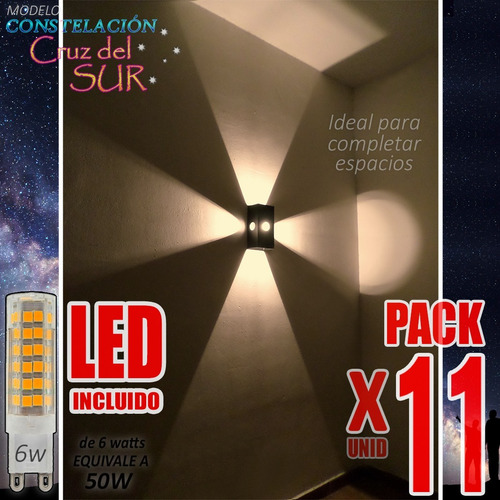 Aplique Lampara Pared Bidireccional C/ Led 6w Pack X11un Difusor Luz Indirecta Decoracion Superbrillante Hierro Moderno