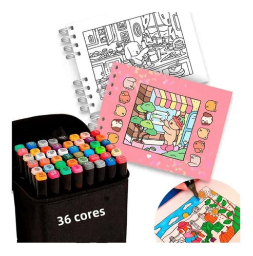 Kit Livro De Colorir + Canetinhas Touch 36 Cores Ponta Dupla
