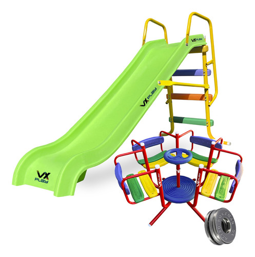 Combo Tobogan 3 Escalones Pvc + Calesita Infantil Vxplay Color Tobogan Verde - Calesita Roja