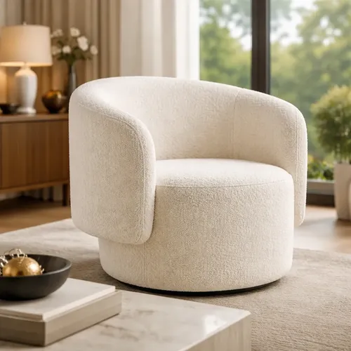 Poltrona Decorativa Organica ﻿Para Sala Recepcao Luxo Boucle Bege Boucle Off White