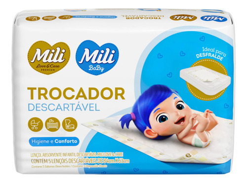 Kit Trocador Lençol Descartável Mili 84x63cm Com 10 Unidades