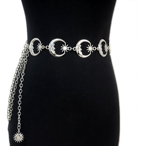 Cortes Cinturón De Cadena Metálica Punk Para Mujer, Estilo Gótico Con Colgantes De Luna Y Estrellas, Ajustable, Accesorio De Moda Para Falda O Pantalón, Color Plata