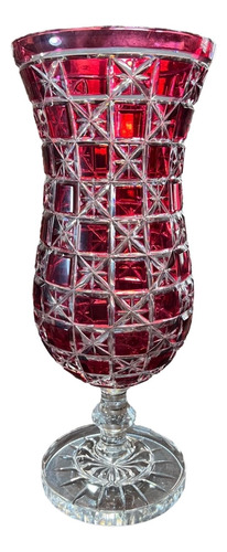 Vaso Em Cristal Lapidado Europeu Vermelho Quadriculado Lindo