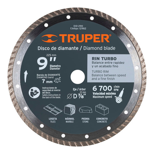 Disco De Diamante, Rin Turbo, 9' Truper 12982 Color Gris