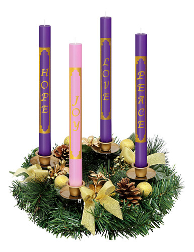 Juego De 4 Velas De Adviento Cónicas Sin Goteo Púrpura Y Ros