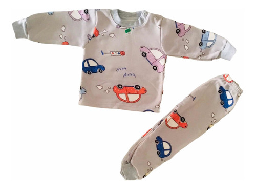 Pijama Franela Color Gris Diseño Autitos Para Niños