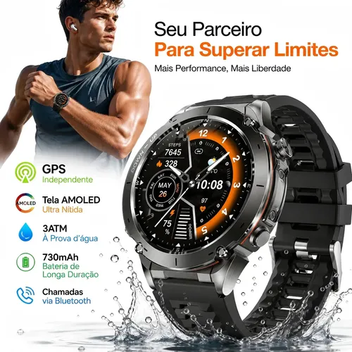 Relógio Smartwatch masculino redondo com GPS independente , 3ATM, tela AMOLED 1.43", bateria 750mAh. Monitora batimento, SPO2 e sono, mais de 100