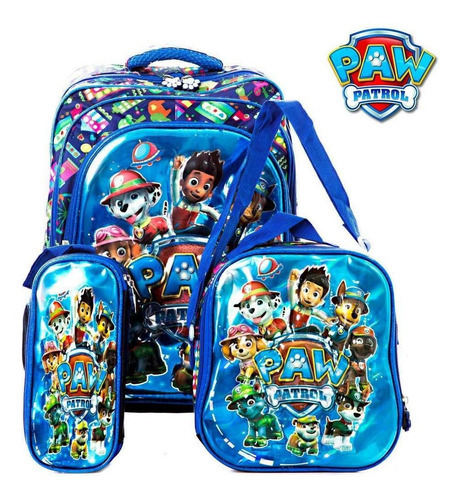 Kit Mochila 3d Escolar Infantil Patrulha Canina De Costas Cor Azul Desenho Do Tecido Patrulha Canina