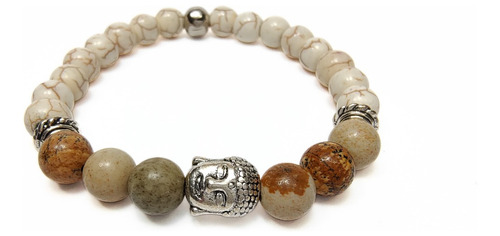 Pulsera De Hombre Piedra Marfil Y Jaspe Madera + Dije Buda