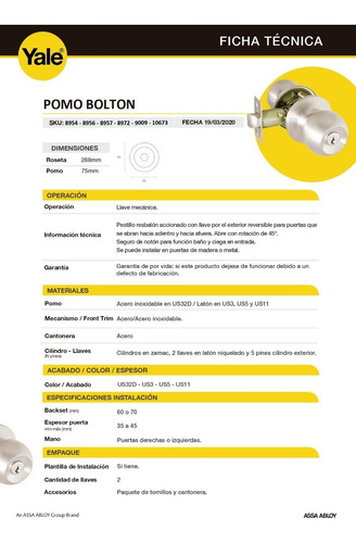 Imagen 5 de 6 de Picaporte Pomo De Puerta Yale Modelo Bolton Con Llaves