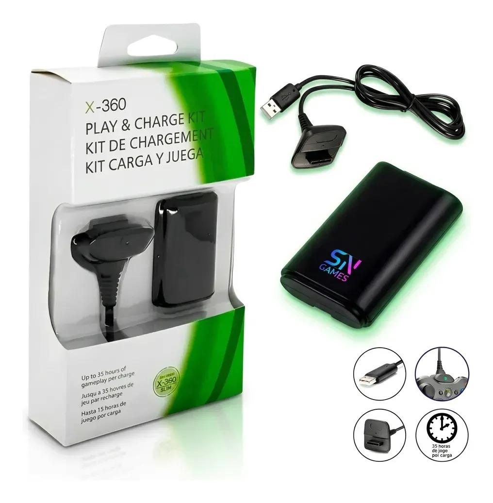 Bateria para Controle Xbox 360 Recarregável Com Cabo Carregador 1,4m Kit Play & Charge Wireless Controle Sem Fio Sngames