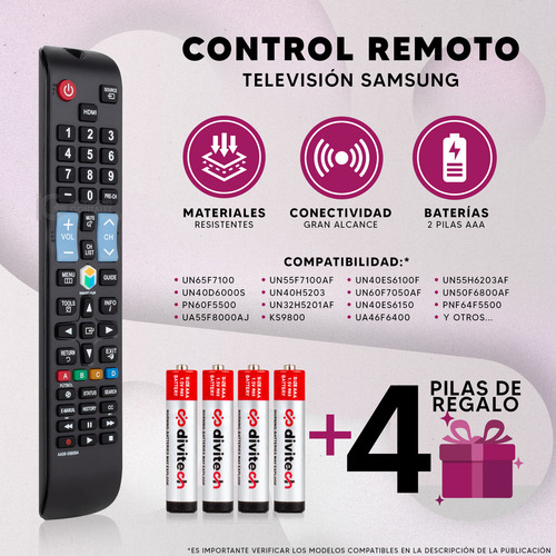 Control Remoto Negro Compatible con Pantalla Samsung Te-0005 Tv Un65f7100 4 Pilas Aaa Divitech Incluidas color negro