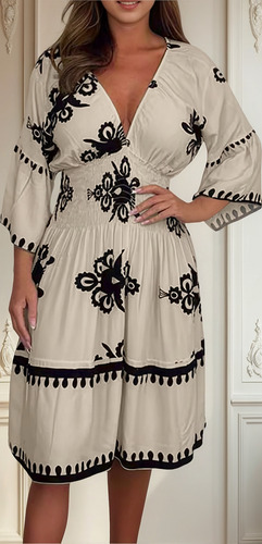 Vestido Feminino Estampado Com Gola 3/4 Na Metade Da Panturr
