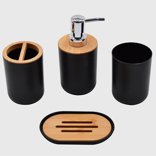 Set De Baño X4 Dispenser Portacepillo Vaso Jabonera Bambú