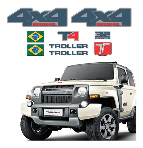 Kit Adesivos Troller T4 3.2 6speed 4x4 Diesel Resinado  2015 2016 2017 2018 2019 Carro Branco Trl035