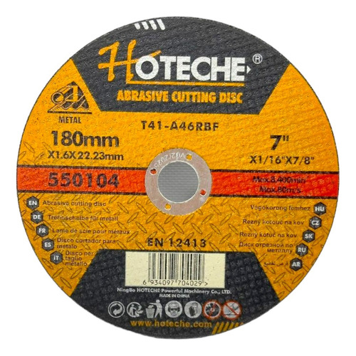 Disco De Corte Fino Hoteche 7 PuLG 180mmx1.6x22,23mm X10und