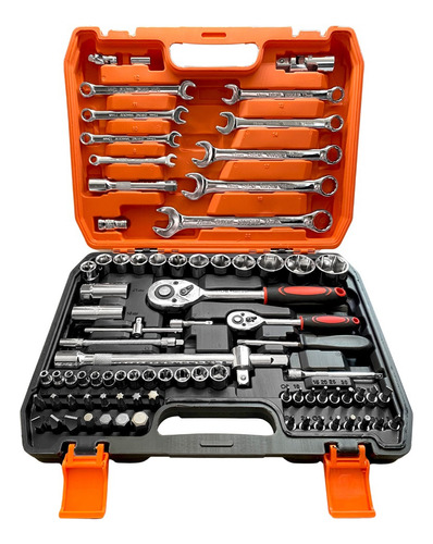 Juego Dados Con Llaves Y Chicharra 1/2'' Y 1/4'' 82pc Maleta Color Naranja Negro Plateado