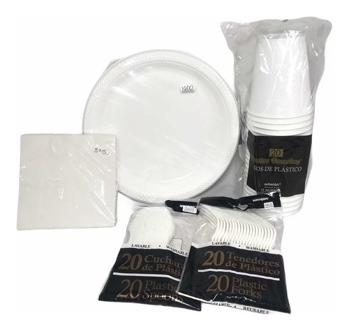 Kit Premium P 20 Desechables Blanco Platos Vasos Cubiertos