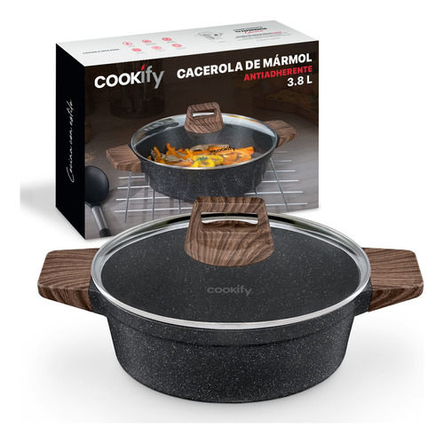 Cacerola Arrocera Antiadherente 28 Cm Con Tapa Cookify 3.8 Lts. | Stone-tech Series | Libre De Pfoa, Cocción Uniforme, Mango Ergonómico. Color Mármol Negro