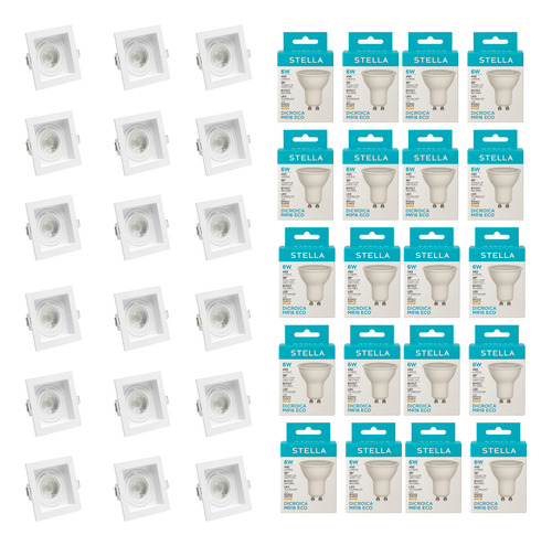 Kit 20x Spot Embuitr Gu10 Recuado Quadrado + Led 6w Stella