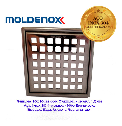Grelha Ralo 10x10cm Excellence C/caixilho Aço 304 - Moldenox