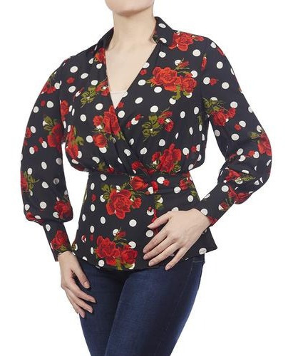 Hermosa Blusa Dama Color Negro Rosas Rojas  Cklass 996-97