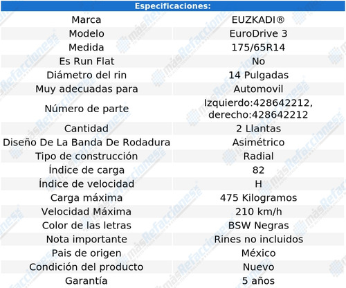Paq. 2 Llantas 175/65 R14 Euzkadi Eurodrive 3 82h