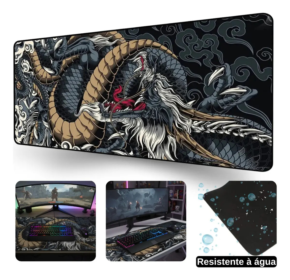 Mouse Pad Gamer Extra Grande 90x40 Profissional Speed Antiderrapante Cor Dragão Azul Digital Informática