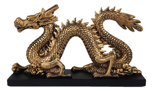 Dragão Chinês Dourado Com Base Decorativo Resina