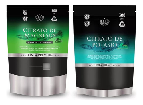 Set Citrato De Magnesio Y Potasio Puro En Polvo 300g