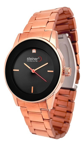 Reloj Análogo Minimalista De Dama Steiner 38mm Acero Inox Correa Oro rosa Bisel Oro rosa Fondo Negro