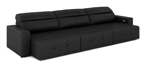 Sofá Retrátil 4 Lugares 284cm 3 Módulos Nero Usb Couro Preto