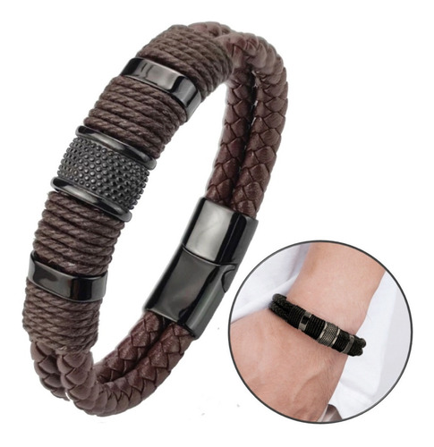 Pulseira Masculina De Couro Executiva Marrom Fecho Magnético