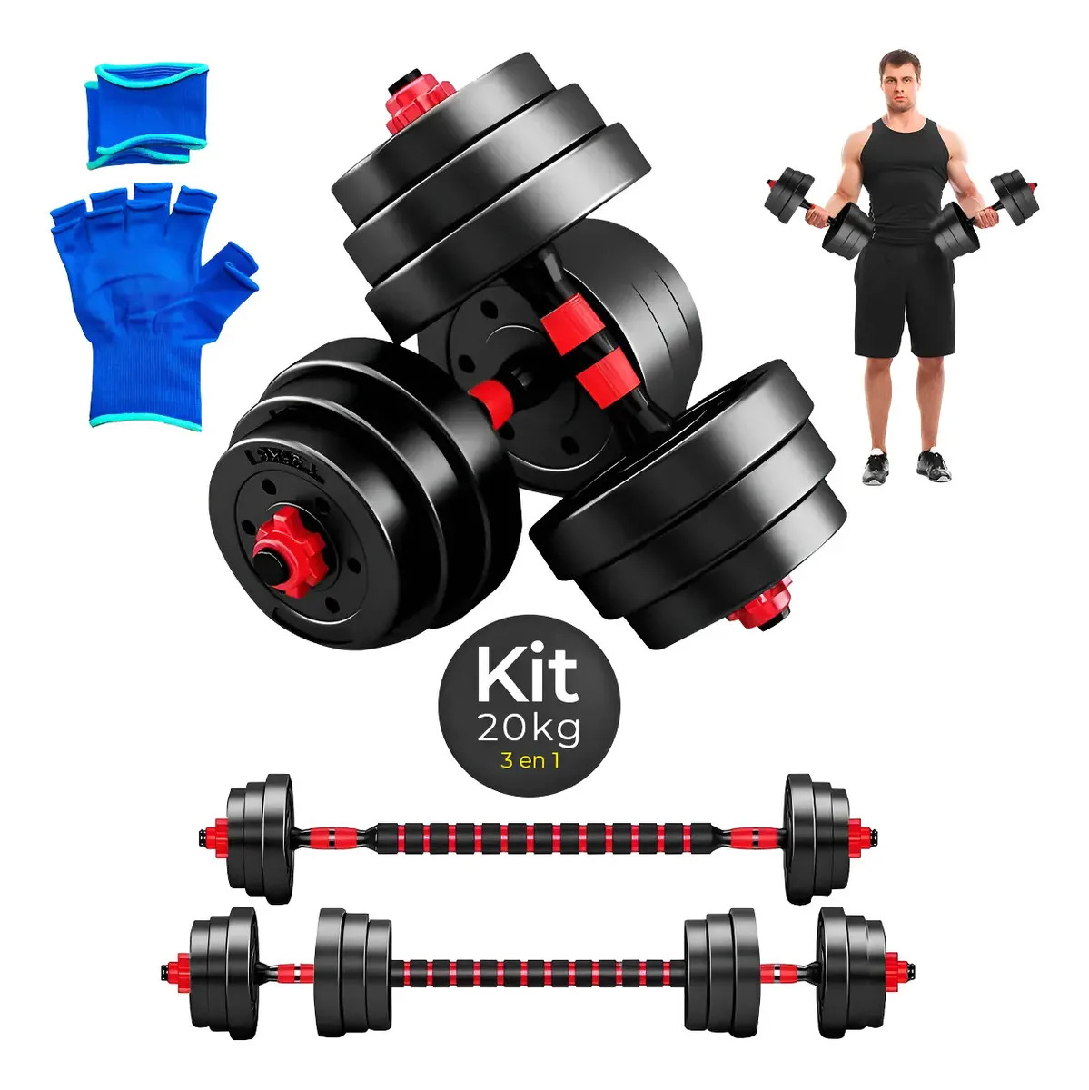 Kit Mancuernas Ajustables 3 En 1 Barra Pesas Ejercicio 20 Kg Rojo/negro