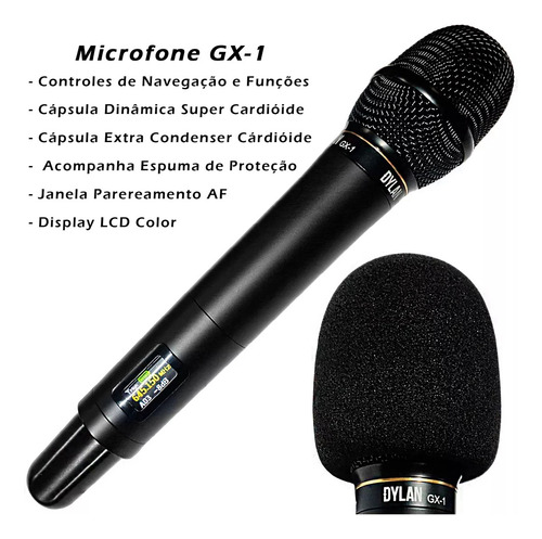 Microfone Sem Fio Dylan Gx-1 2 Capsulas Dinâmica Condenser