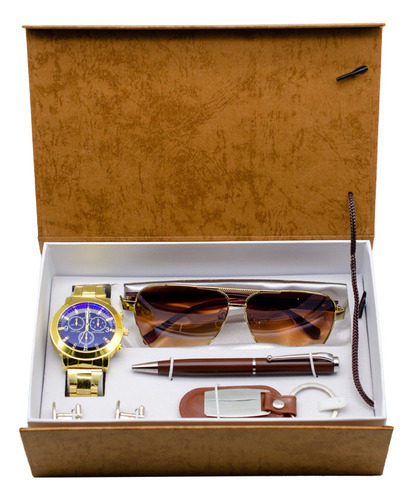 Kit 5 Piezas Reloj Lentes De Sol Pluma Llavero Gemelo Hombre