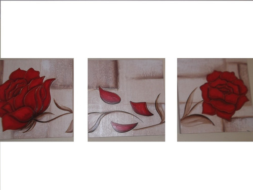 Promoção Trio De Telas, Quadro Pintura A Mão Rosas Vermelhas